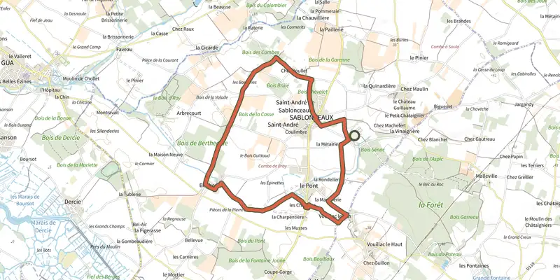 Map of the Detours sablonceaux track on the IGN map, with the start and numbered waypoints