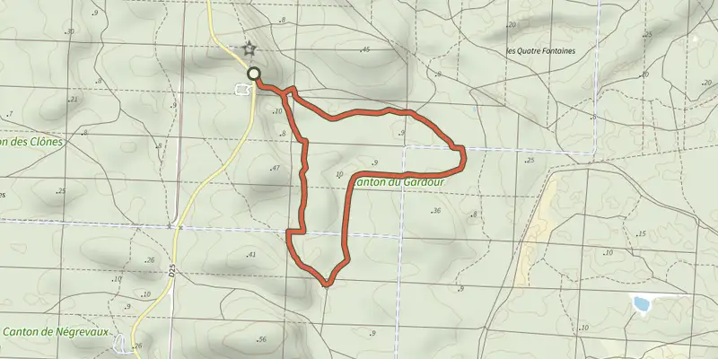 Map of the Sentier les 4 fontaines track on the IGN map, with the start and numbered waypoints