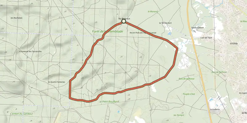 Map of the Sentier les roseaux track on the IGN map, with the start and numbered waypoints