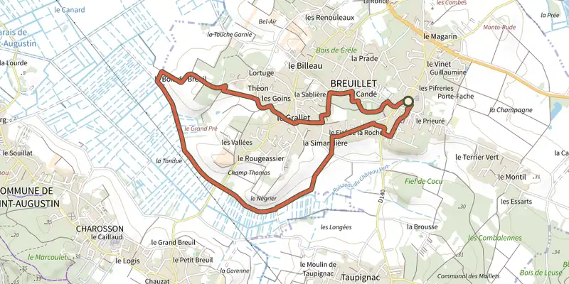 Map of the Detours breuillet 1 track on the IGN map, with the start and numbered waypoints