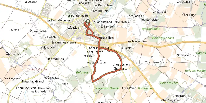 Map of the Detours cozes 2 track on the IGN map, with the start and numbered waypoints