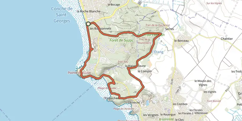 Map of the Pr9 - La pointe de Suzac track on the IGN map, with the start and numbered waypoints