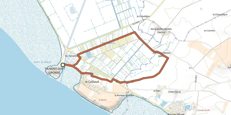 Map of the Pr2 - Circuit du petit marais track on the IGN map, with the start and numbered waypoints