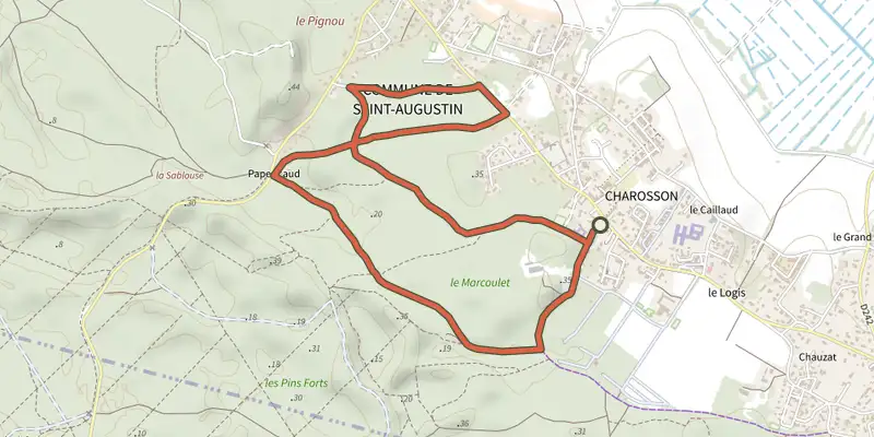 Map of the Pr15 - papericaud track on the IGN map, with the start and numbered waypoints