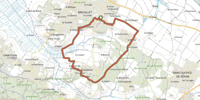 Map of the Detours breuillet 2 track on the IGN map, with the start and numbered waypoints