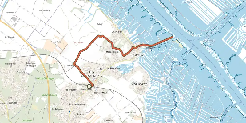 Map of the Pr10 - De la gare à la Seudre track on the IGN map, with the start and numbered waypoints