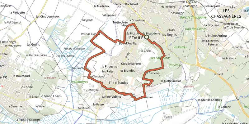 Map of the Pr21 - L'Ile d'Etaules track on the IGN map, with the start and numbered waypoints