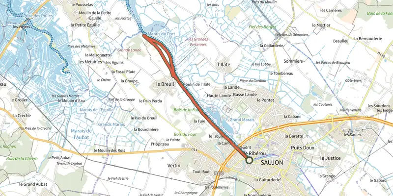 Map of the Pr17 - Le long de la Seudre track on the IGN map, with the start and numbered waypoints