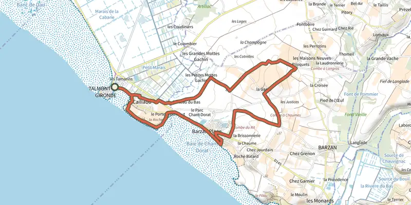 Map of the Pr20 - Une vigie sur l’estuaire track on the IGN map, with the start and numbered waypoints