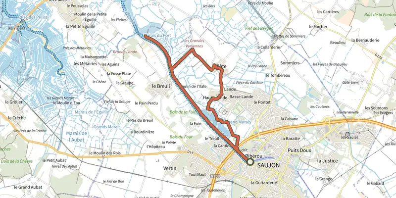 Map of the Detours saujon 2 track on the IGN map, with the start and numbered waypoints