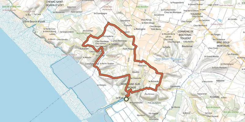 Map of the Pr6 - Les falaises mortes track on the IGN map, with the start and numbered waypoints