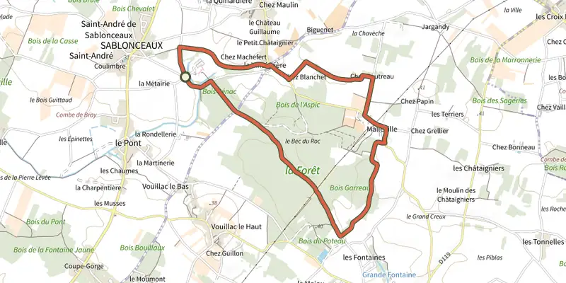 Map of the Pr16 - Le chemin des prêtres track on the IGN map, with the start and numbered waypoints
