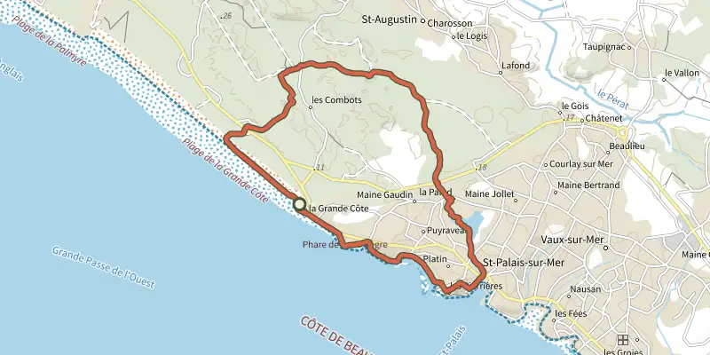 Map of the Pr1 - Entre océan et forêt track on the IGN map, with the start and numbered waypoints