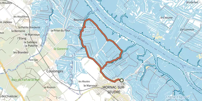 Map of the Detours mornac 2 track on the IGN map, with the start and numbered waypoints