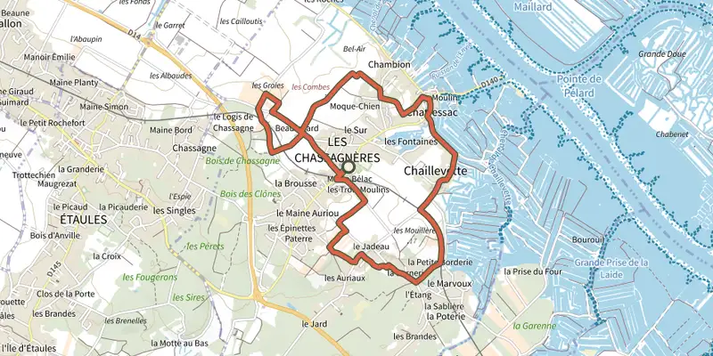Map of the Detours Chaillevette track on the IGN map, with the start and numbered waypoints