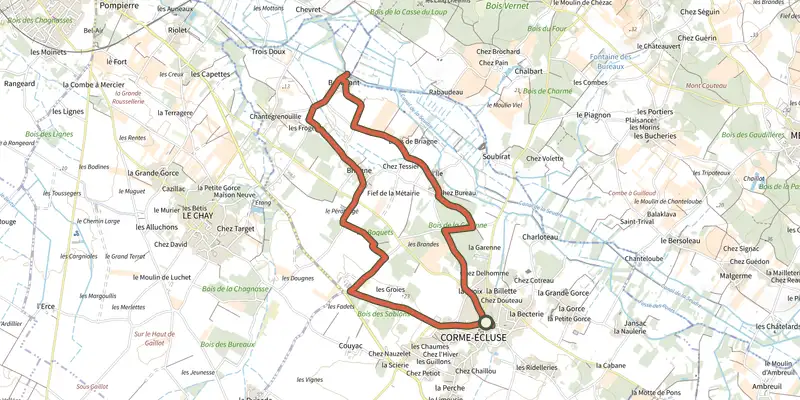 Map of the Detours Corme-Ecluse track on the IGN map, with the start and numbered waypoints