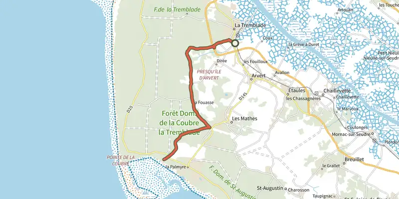 Carte du tracé de La tremblade - les mathes sur le Plan IGN, départ et points de passage numérotés
