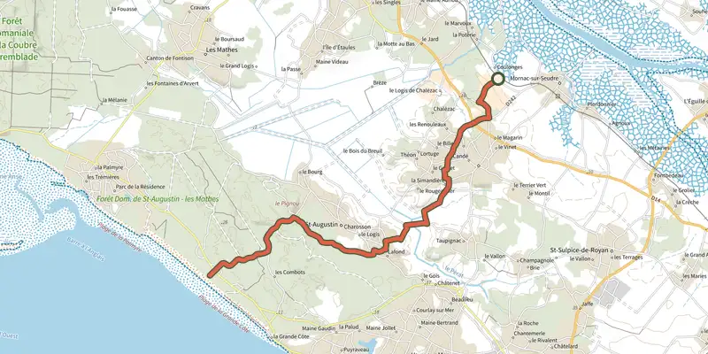 Carte du tracé de De mornac-sur-seudre à la vélodyssée sur le Plan IGN, départ et points de passage numérotés