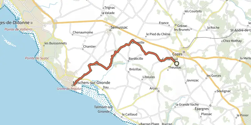 Carte du tracé de De cozes à meschers-sur-gironde sur le Plan IGN, départ et points de passage numérotés