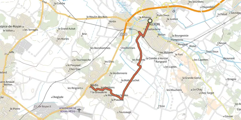 Carte du tracé de Saujon - médis sur le Plan IGN, départ et points de passage numérotés