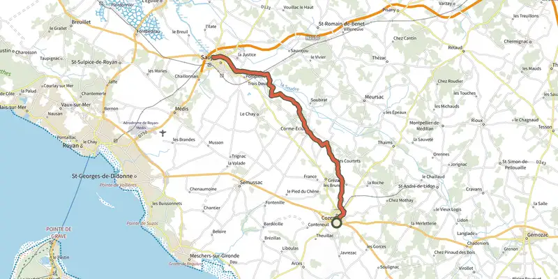 Carte du tracé de De saujon à cozes sur le Plan IGN, départ et points de passage numérotés
