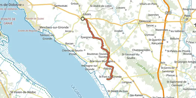 Carte du tracé de De cozes à mortagne-sur-gironde sur le Plan IGN, départ et points de passage numérotés