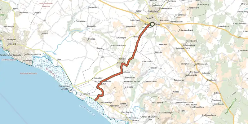 Carte du tracé de De cozes à barzan-plage sur le Plan IGN, départ et points de passage numérotés