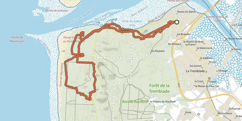 Map of the Circuit VTT 4 rouge track on the IGN map, with the start and numbered waypoints