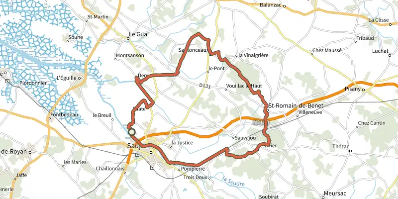 Map of the Circuit VTT 14 vert track on the IGN map, with the start and numbered waypoints