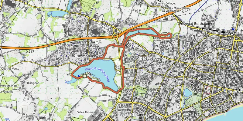 Map of the Les étangs du Bois Joalland et de Guindreff track on OpenTopoMap, with the start and numbered waypoints