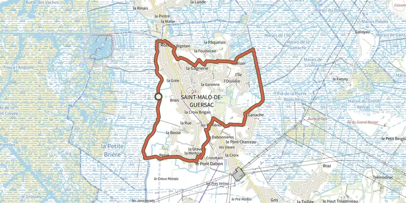Map of the Les Chaussées track on OpenTopoMap, with the start and numbered waypoints