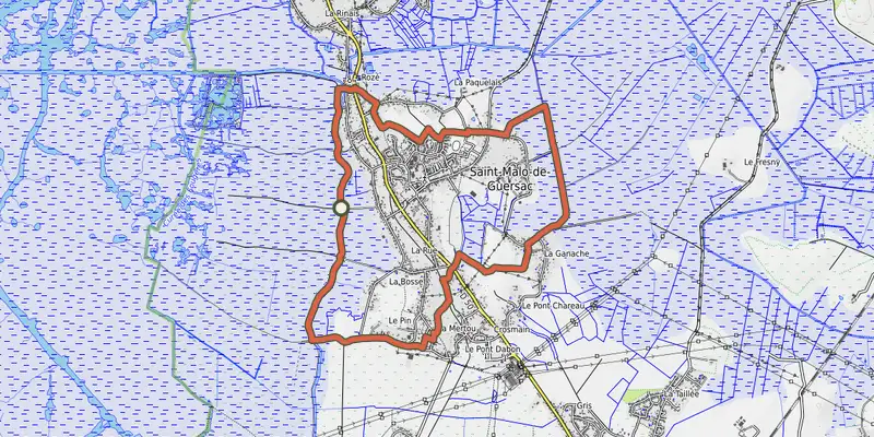 Map of the Les Chaussées track on OpenTopoMap, with the start and numbered waypoints