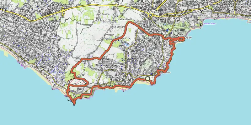 Carte du tracé de Sur les pas de M. Hulot sur OpenTopoMap, départ et points de passage numérotés