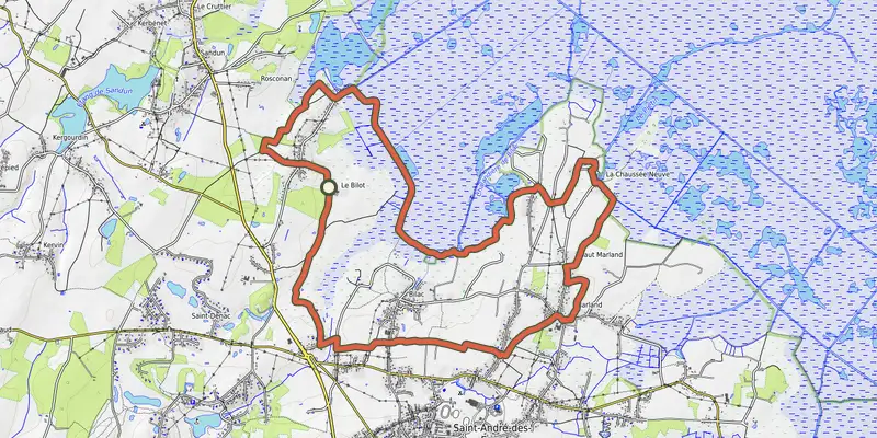 Carte du tracé de Terre Brière sur le Plan IGN, départ et points de passage numérotés