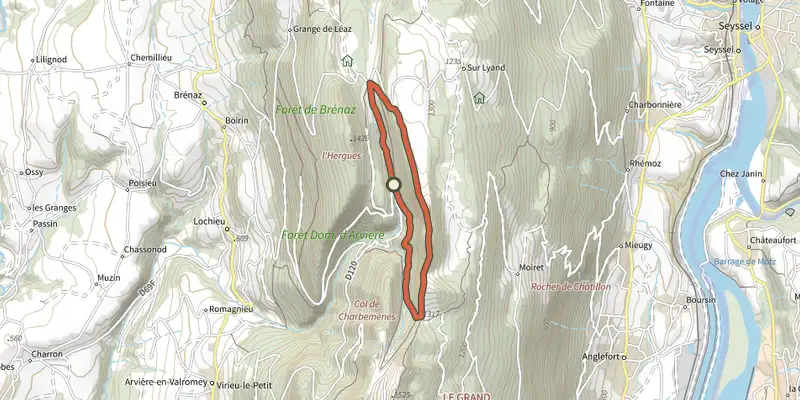 Carte du tracé de Les crêtes de Sur Lyand sur le Plan IGN, départ et points de passage numérotés