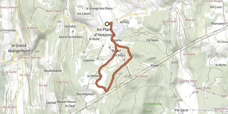 Carte du tracé de Sentier de la boucle d'oreille (sentier d'interprétation) sur le Plan IGN, départ et points de passage numérotés