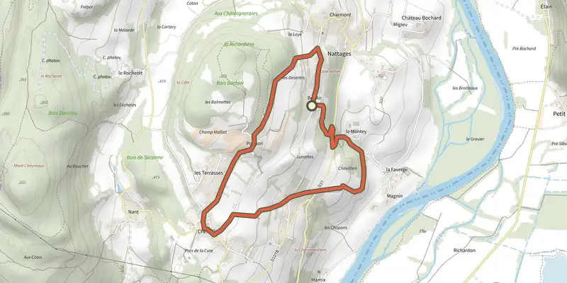 Carte du tracé de Le tour de Nattages (sans connection à Sorbier) sur le Plan IGN, départ et points de passage numérotés