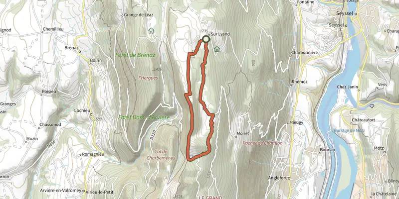 Carte du tracé de Boucle des Platières sur le Plan IGN, départ et points de passage numérotés