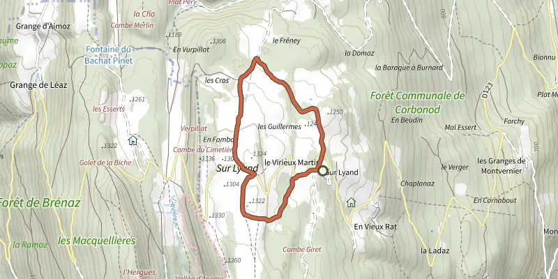 Map of the Boucle de la croix de Famban track on the IGN map, with the start and numbered waypoints