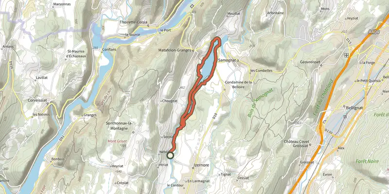 Map of the Tour de l'Oignin track on the IGN map, with the start and numbered waypoints