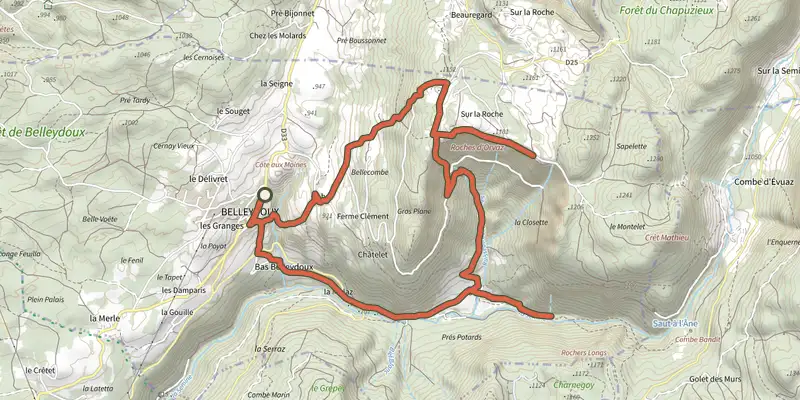 Map of the Les Roches d'Orvaz track on the IGN map, with the start and numbered waypoints