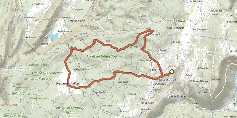 Carte du tracé de Sentier Prairies d'Echallon sur le Plan IGN, départ et points de passage numérotés