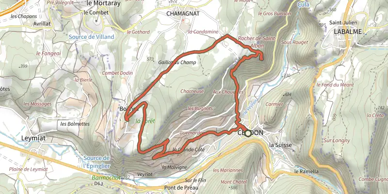 Map of the Circuit des Vignes de Cerdon track on the IGN map, with the start and numbered waypoints