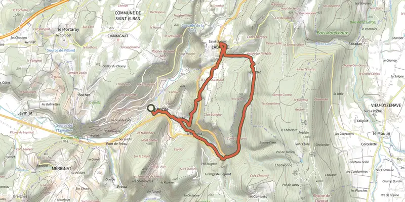 Carte du tracé de Circuit du Val d'Enfer et du Maquis sur le Plan IGN, départ et points de passage numérotés
