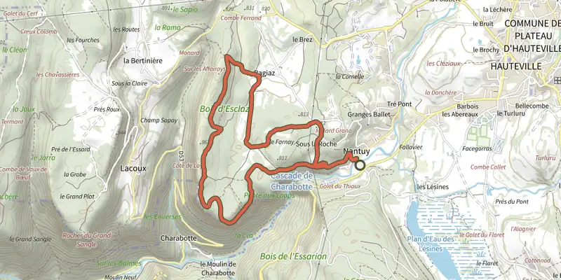 Carte du tracé de De Nantuy à la Ragiaz par la crête sur le Plan IGN, départ et points de passage numérotés