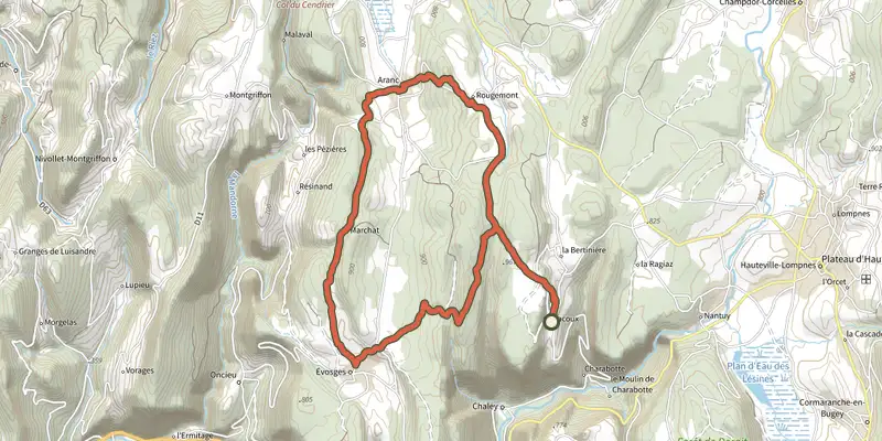 Carte du tracé de Circuit des quatre villages sur le Plan IGN, départ et points de passage numérotés