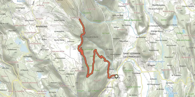 Map of the La croix d'Innimond track on the IGN map, with the start and numbered waypoints