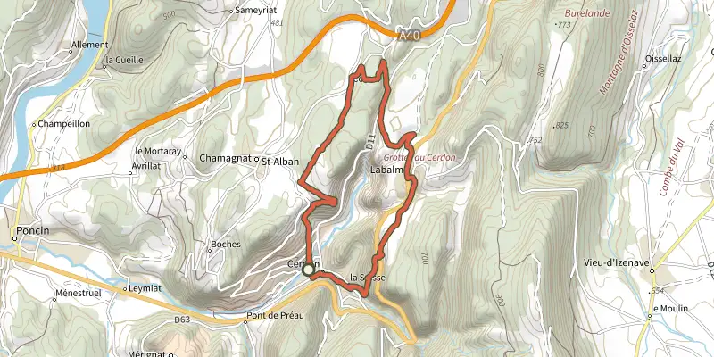 Carte du tracé de Circuits des Grottes et des Vignes de Cerdon sur le Plan IGN, départ et points de passage numérotés