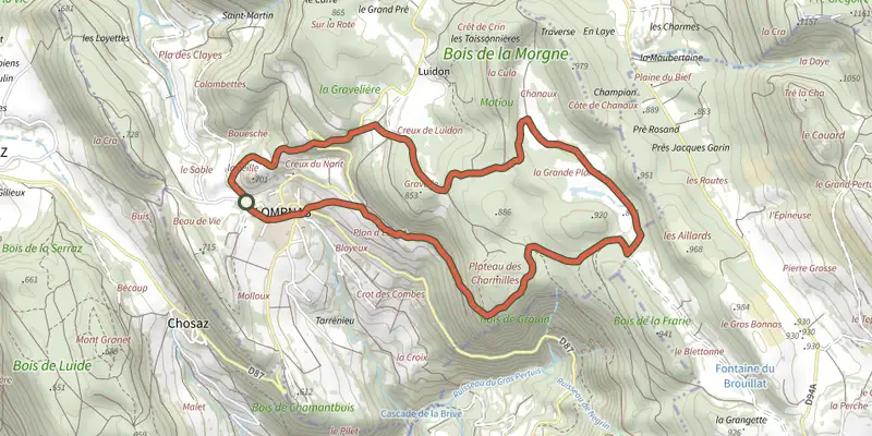 Carte du tracé de Les charmilles sur le Plan IGN, départ et points de passage numérotés