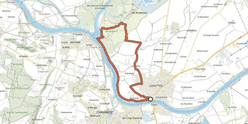 Map of the Loyettes, au bord du Rhône track on the IGN map, with the start and numbered waypoints